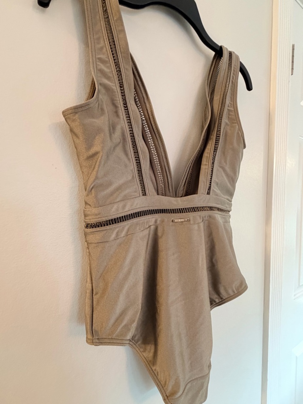 Ted Baker London Deep V Khaki Pointelle One-Piece Swimsuit - Picture 7 of 12